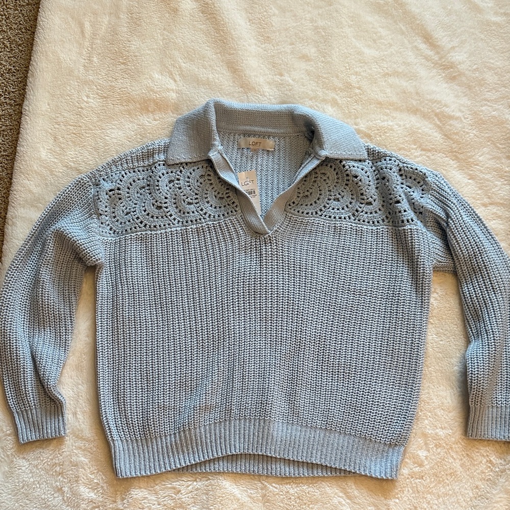 LOFT Sky Blue V-Neck Sweater with Lace Detail